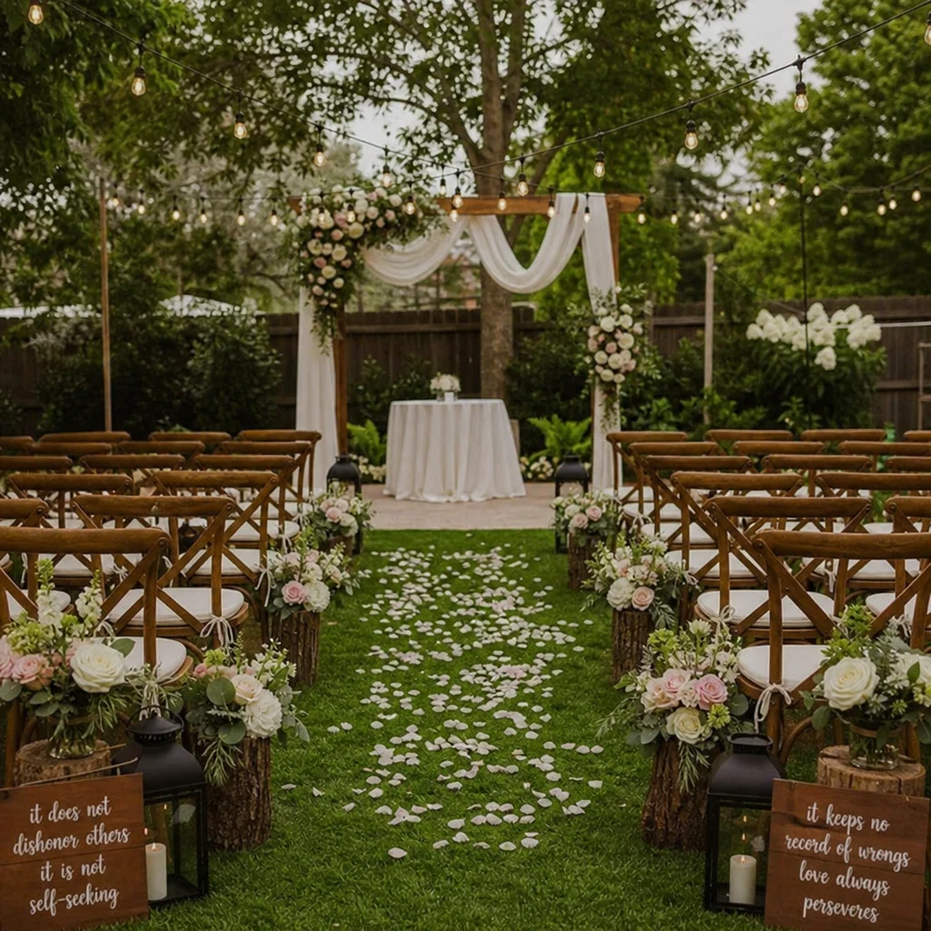 Beautifully decorated backyard wedding ceremony with floral arches and wooden seating