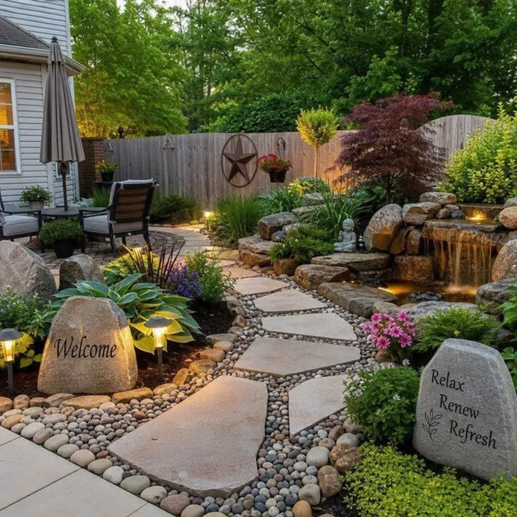 A beautiful backyard landscape featuring various garden decor stones and lush greenery