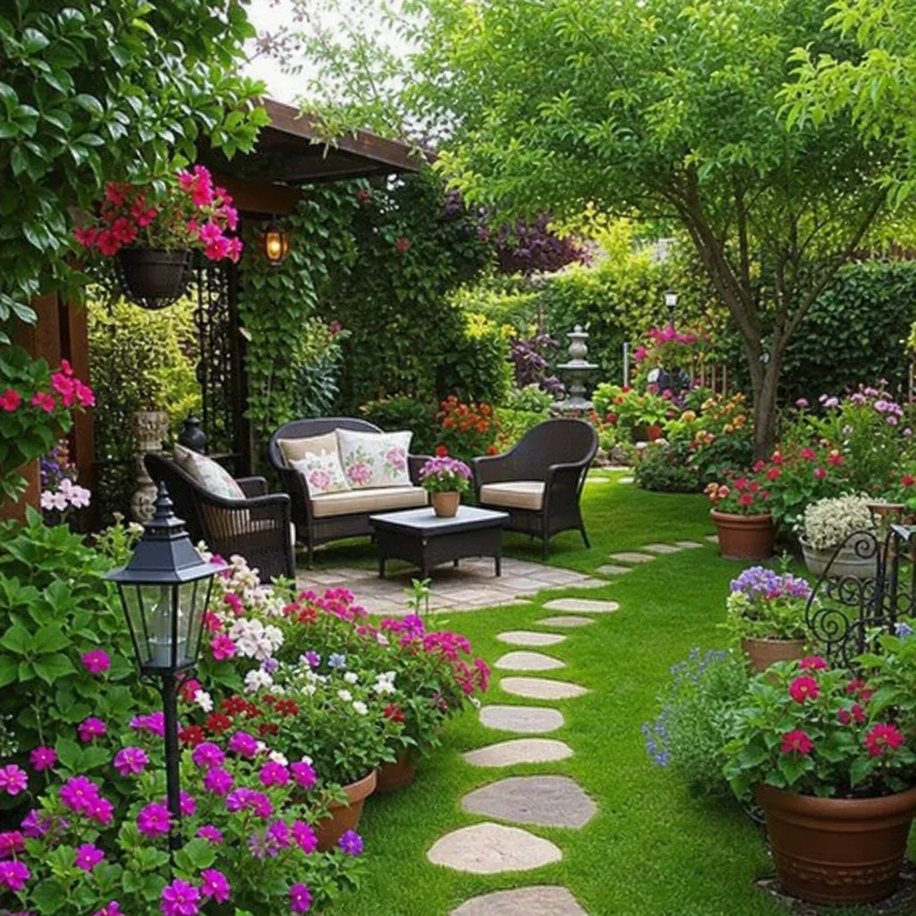 A beautifully decorated lush green garden with outdoor seating and vibrant flowers