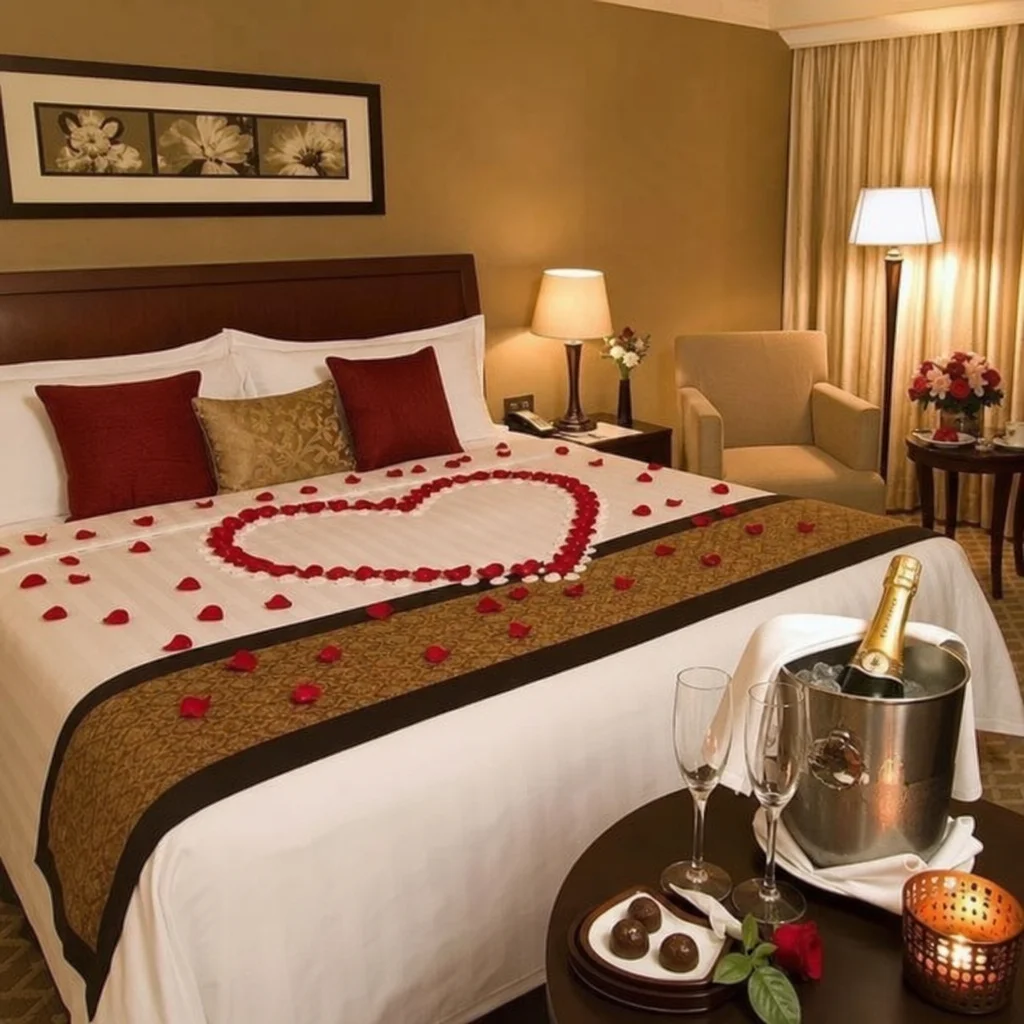 A beautifully decorated hotel room featuring rose petals on the bed and chilled champagne