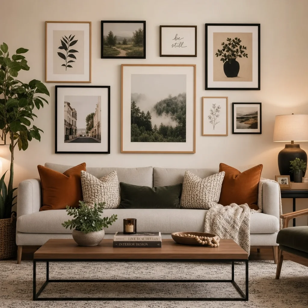 A beautifully decorated living room featuring a well-balanced gallery wall above a modern sofa