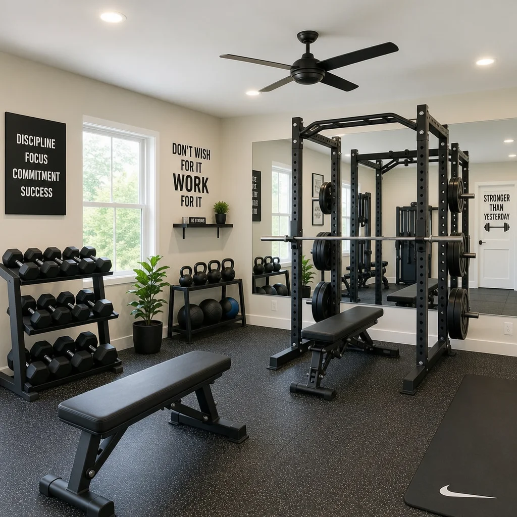 A bright and well-organized home gym featuring sleek equipment, wall mirrors, and motivational decor