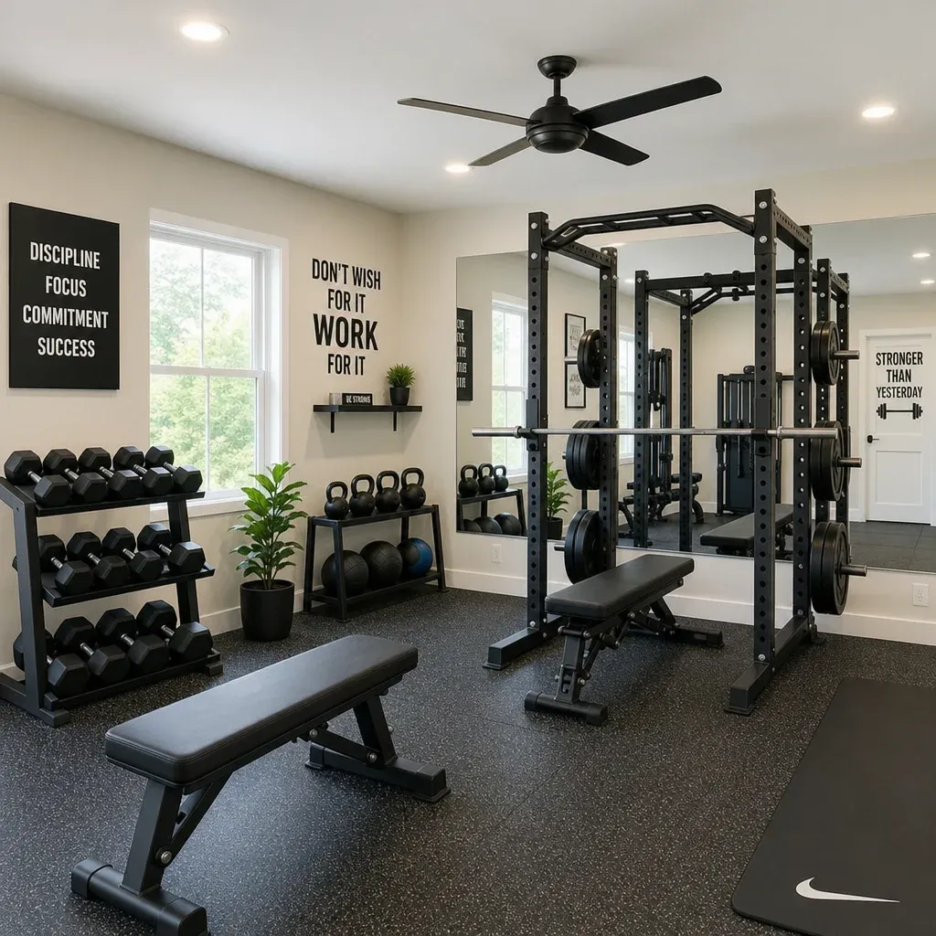 A bright and well-organized home gym featuring sleek equipment, wall mirrors, and motivational decor