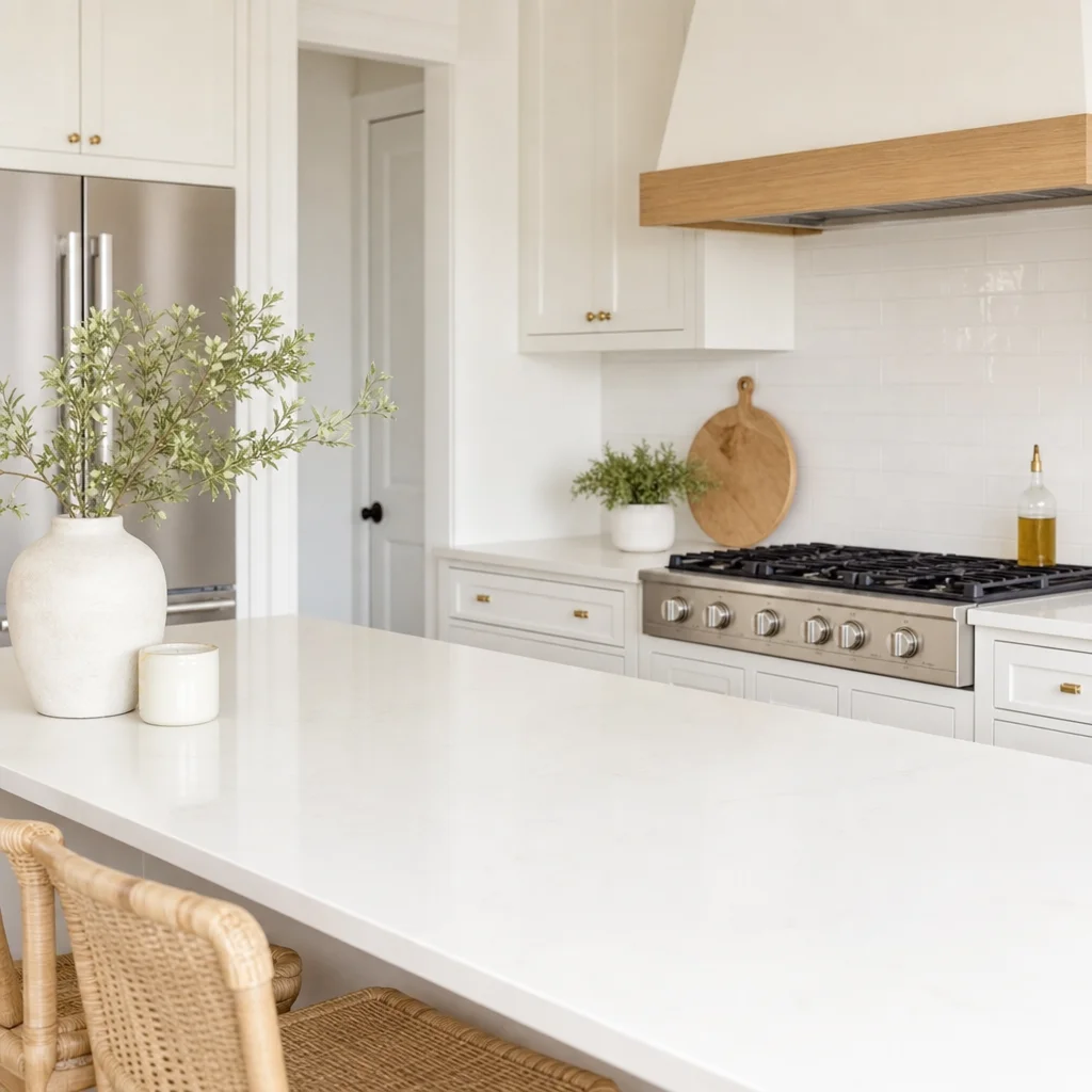 A beautifully styled, bright kitchen featuring a clean white countertop with minimal decor
