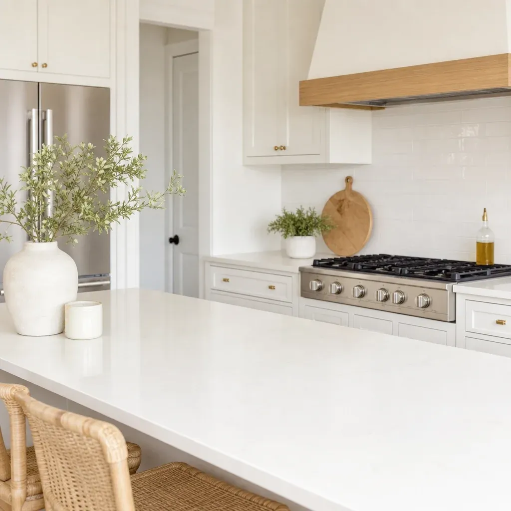 A beautifully styled, bright kitchen featuring a clean white countertop with minimal decor