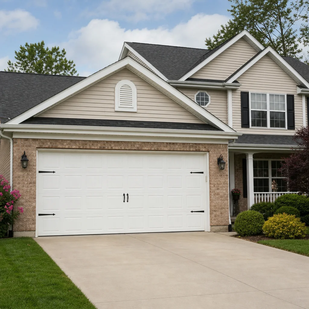 A beautiful suburban home featuring a freshly updated garage door with black decorative hinges and handles