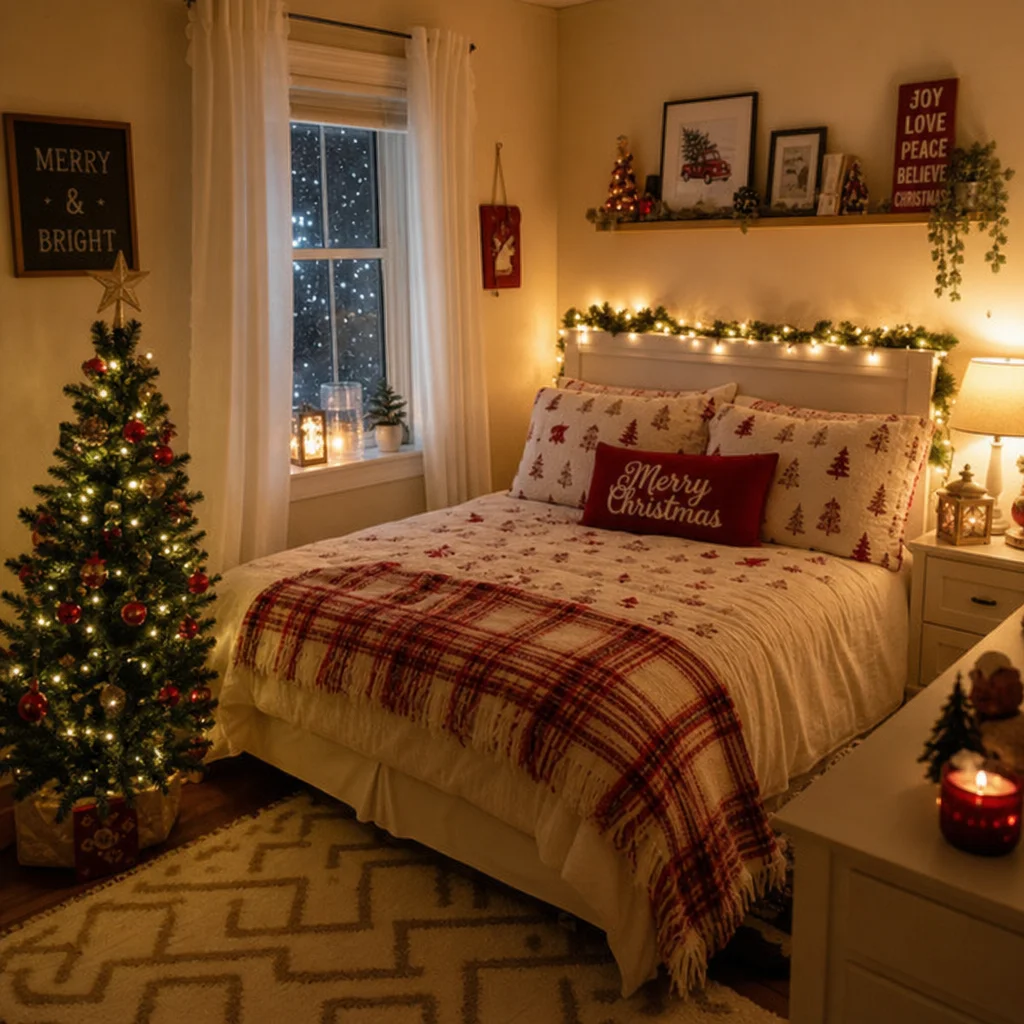 Cozy bedroom decorated for Christmas with warm lighting and a small tree