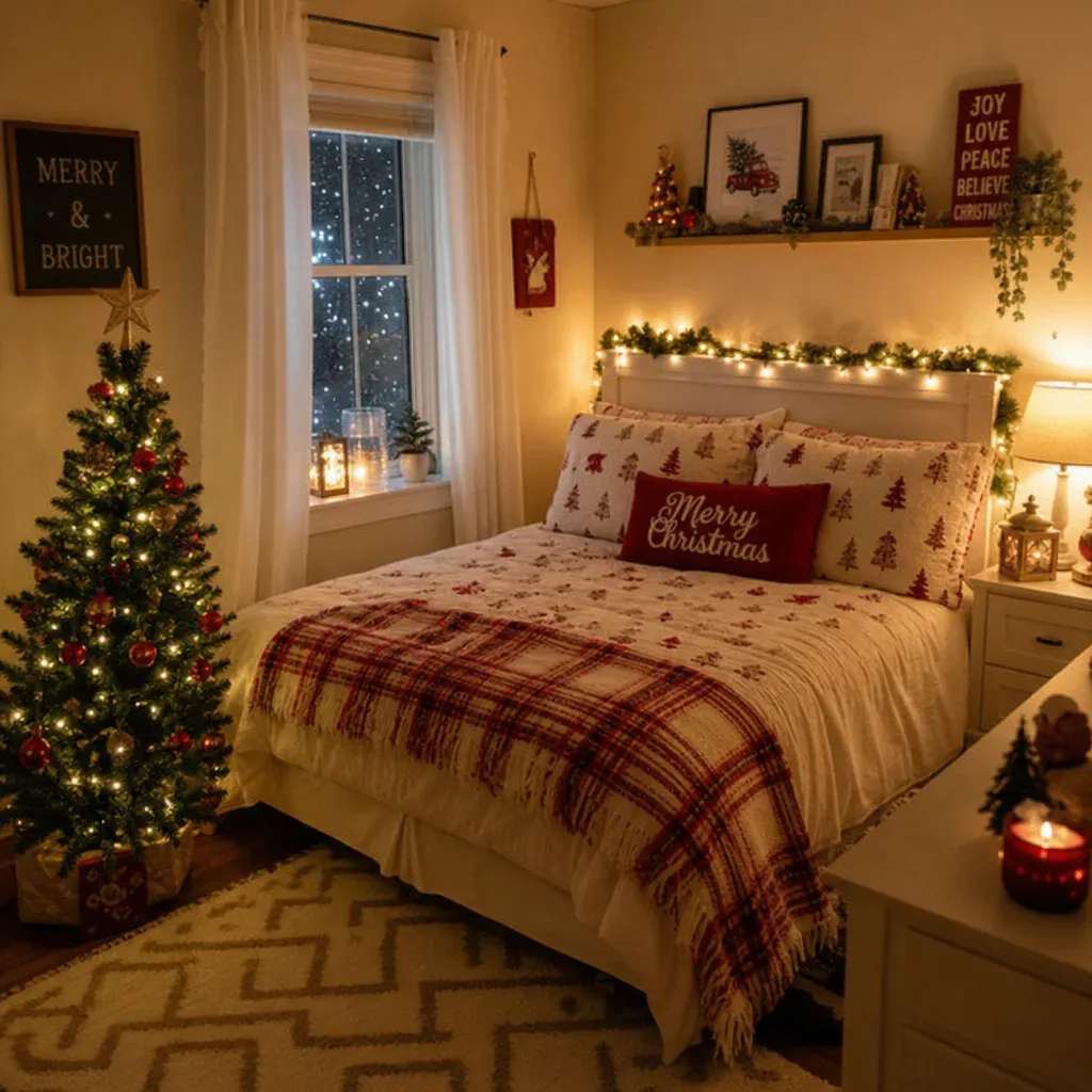 Cozy bedroom decorated for Christmas with warm lighting and a small tree