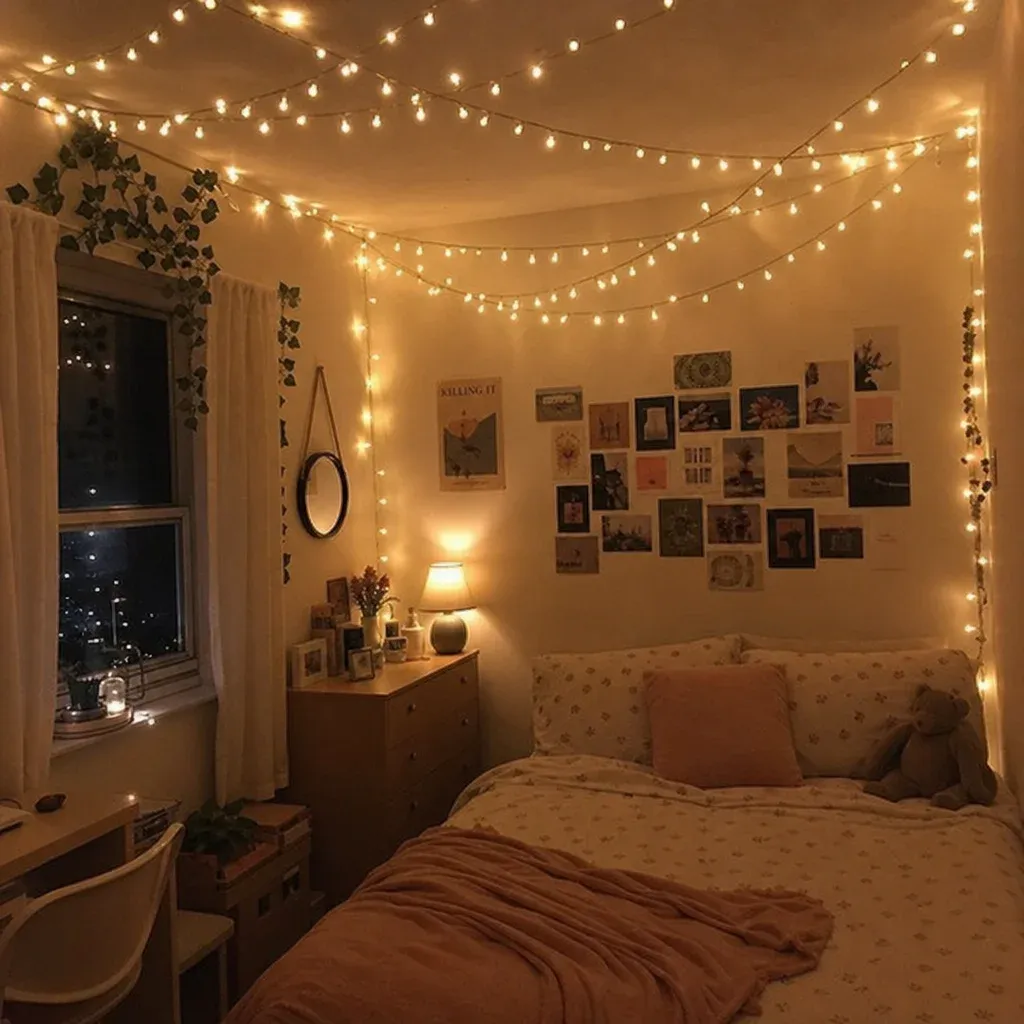 A cozy bedroom illuminated by warm fairy lights draped across the ceiling and walls