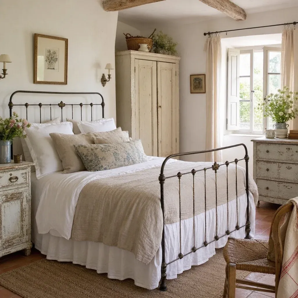 A bright and airy French country bedroom featuring an antique iron bed, distressed wood furniture, and soft linen bedding