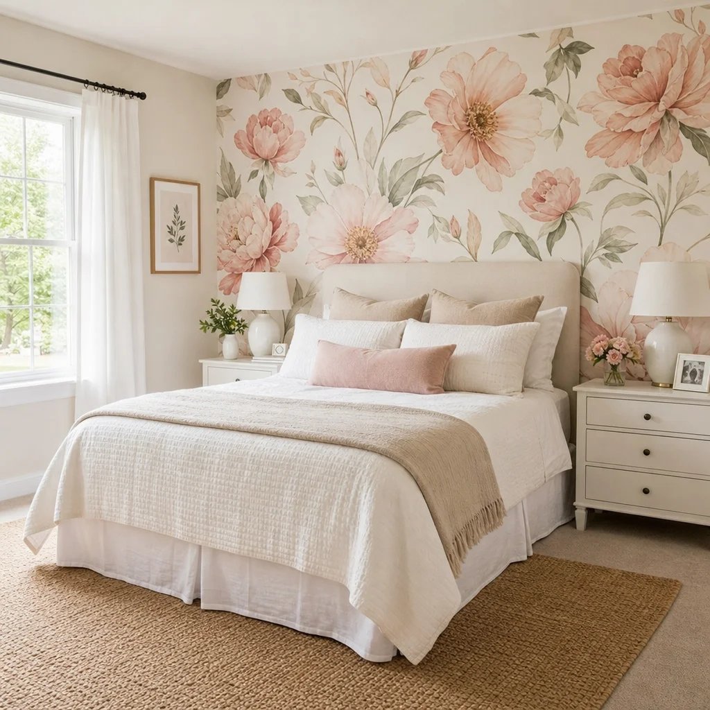 A bright and airy bedroom featuring a large floral accent wall and neutral bedding