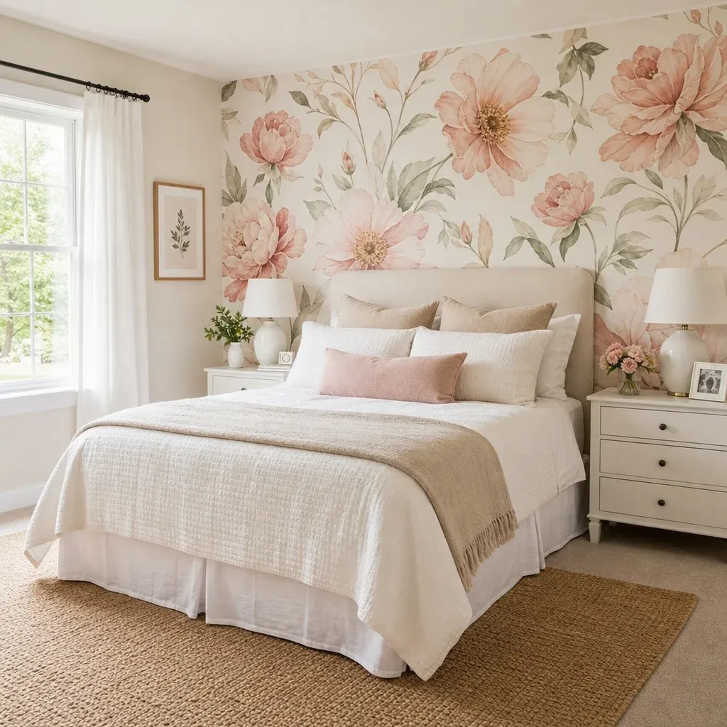 A bright and airy bedroom featuring a large floral accent wall and neutral bedding