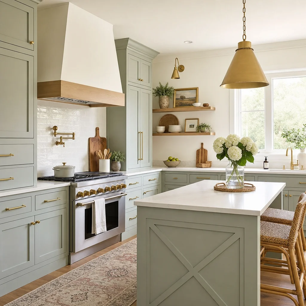 A bright and beautifully styled kitchen featuring painted cabinets and modern brass hardware
