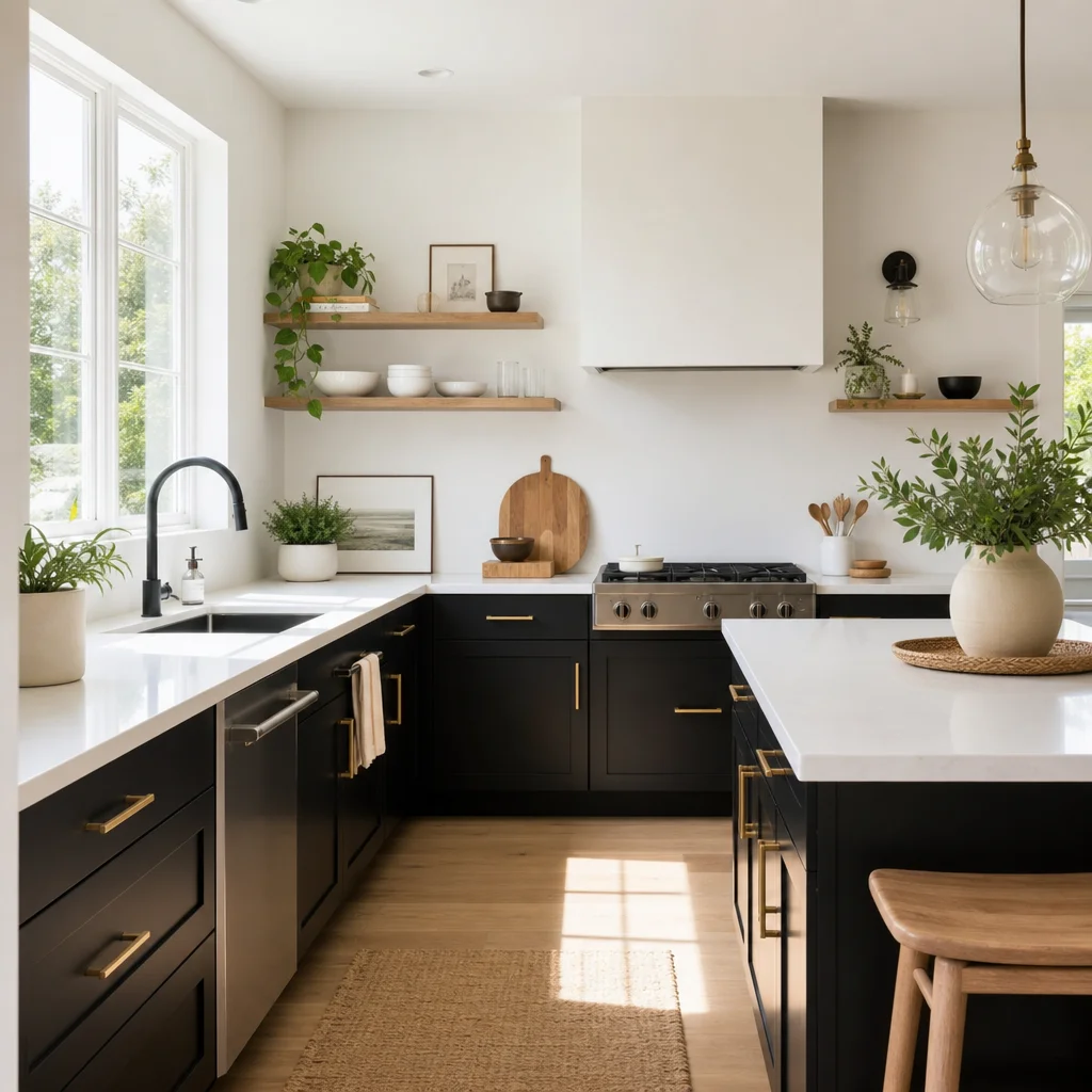 A bright, airy kitchen featuring sleek black lower cabinets, white quartz countertops, and abundant natural light