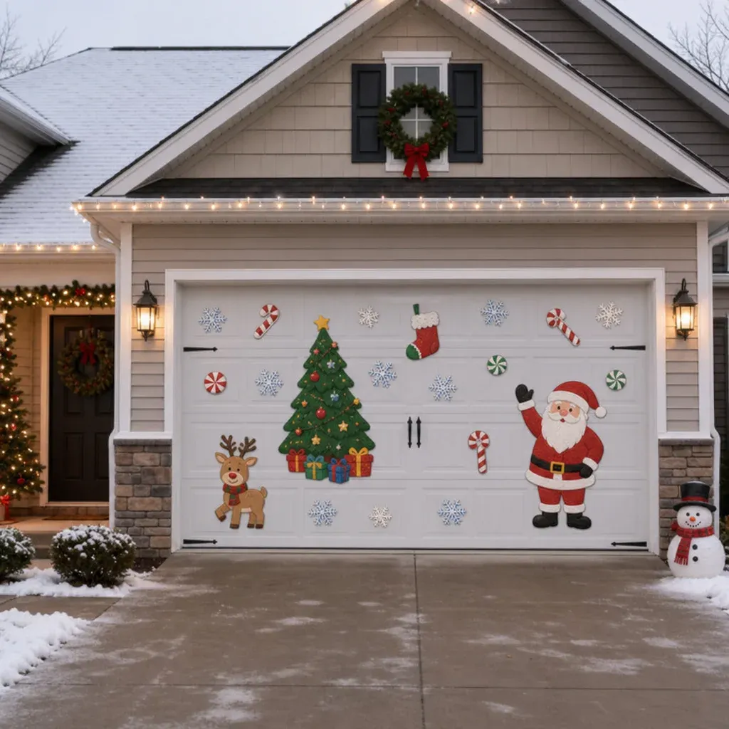 A beautiful home exterior featuring a large garage door decorated with festive Christmas magnets