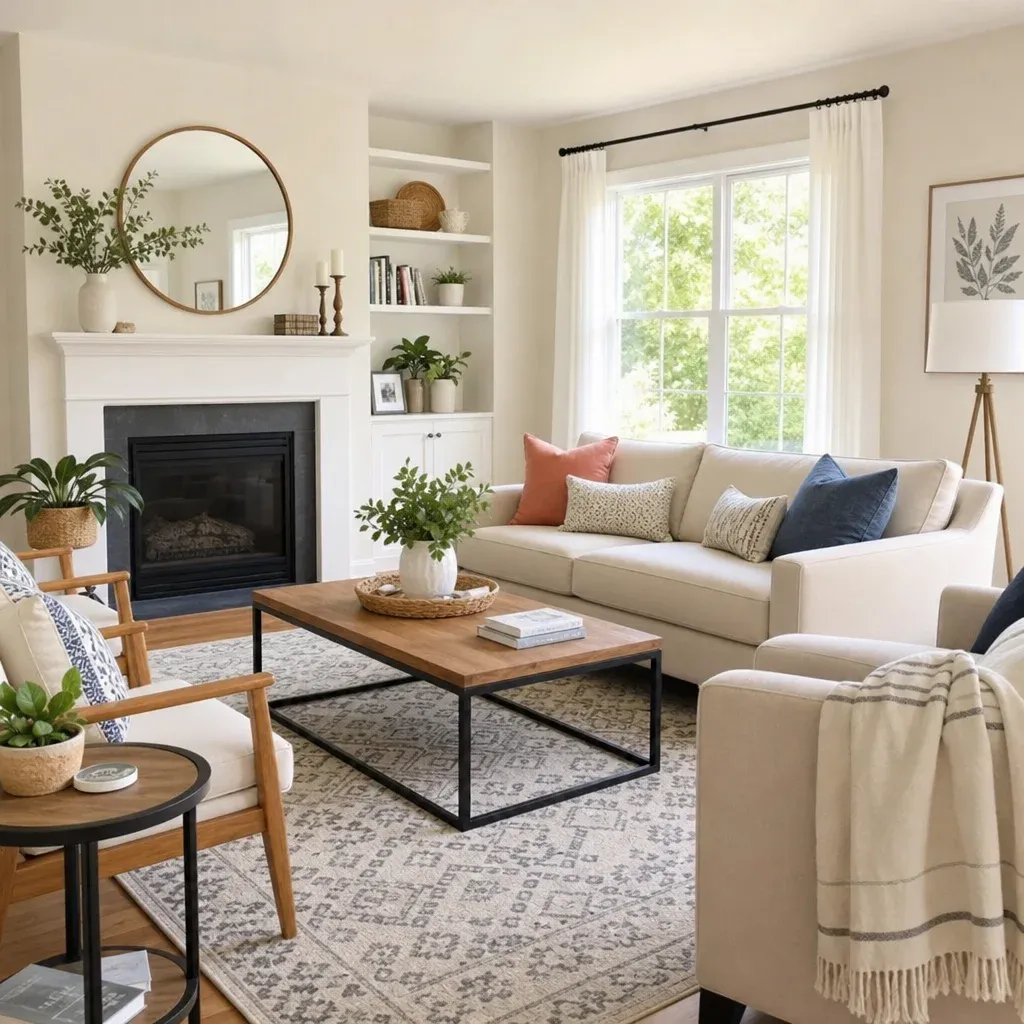 A beautifully styled, bright, and modern living room featuring comfortable seating and natural light