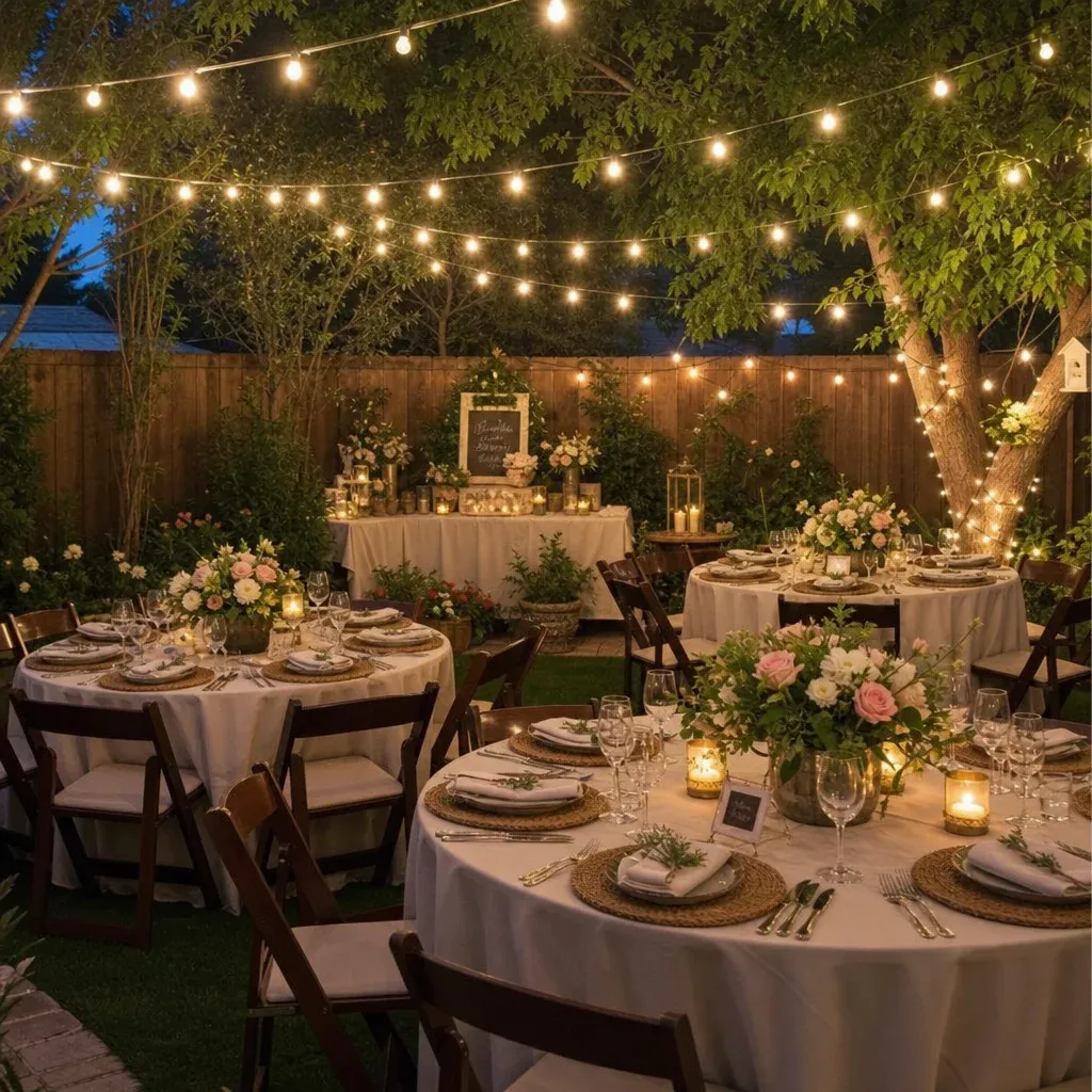 A beautifully decorated backyard garden party with string lights and elegant table settings