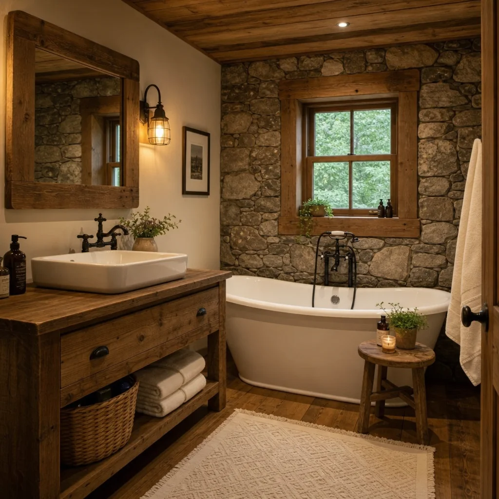 A cozy rustic bathroom featuring natural wood, warm lighting, and a stone wall in English
