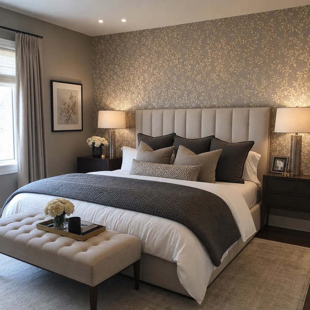 A modern, beautifully styled bedroom featuring elegant wallpaper behind the headboard