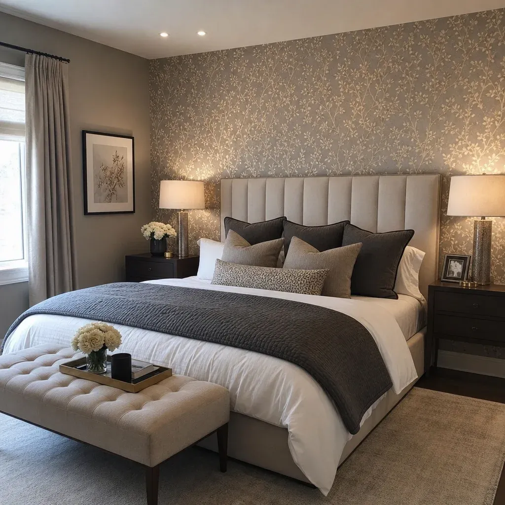 A modern, beautifully styled bedroom featuring elegant wallpaper behind the headboard