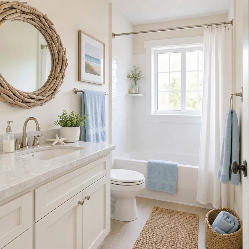 A bright, airy bathroom with subtle coastal decor elements like a driftwood mirror and light blue towels