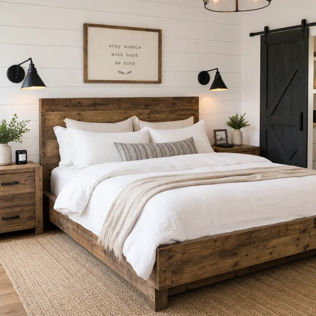 A bright, modern rustic bedroom featuring a reclaimed wood bed frame, white linen bedding, and matte black industrial sconces