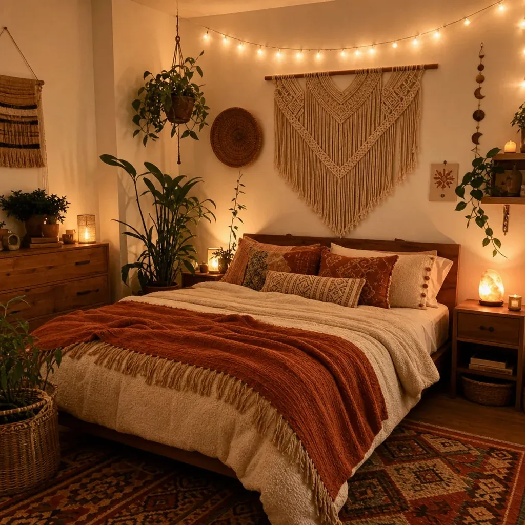 Cozy bohemian bedroom featuring textured wall hangings and warm ambient lighting