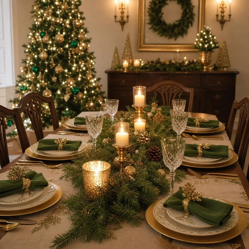 A beautifully decorated Christmas dining room table featuring evergreen branches, warm candles, and gold accents