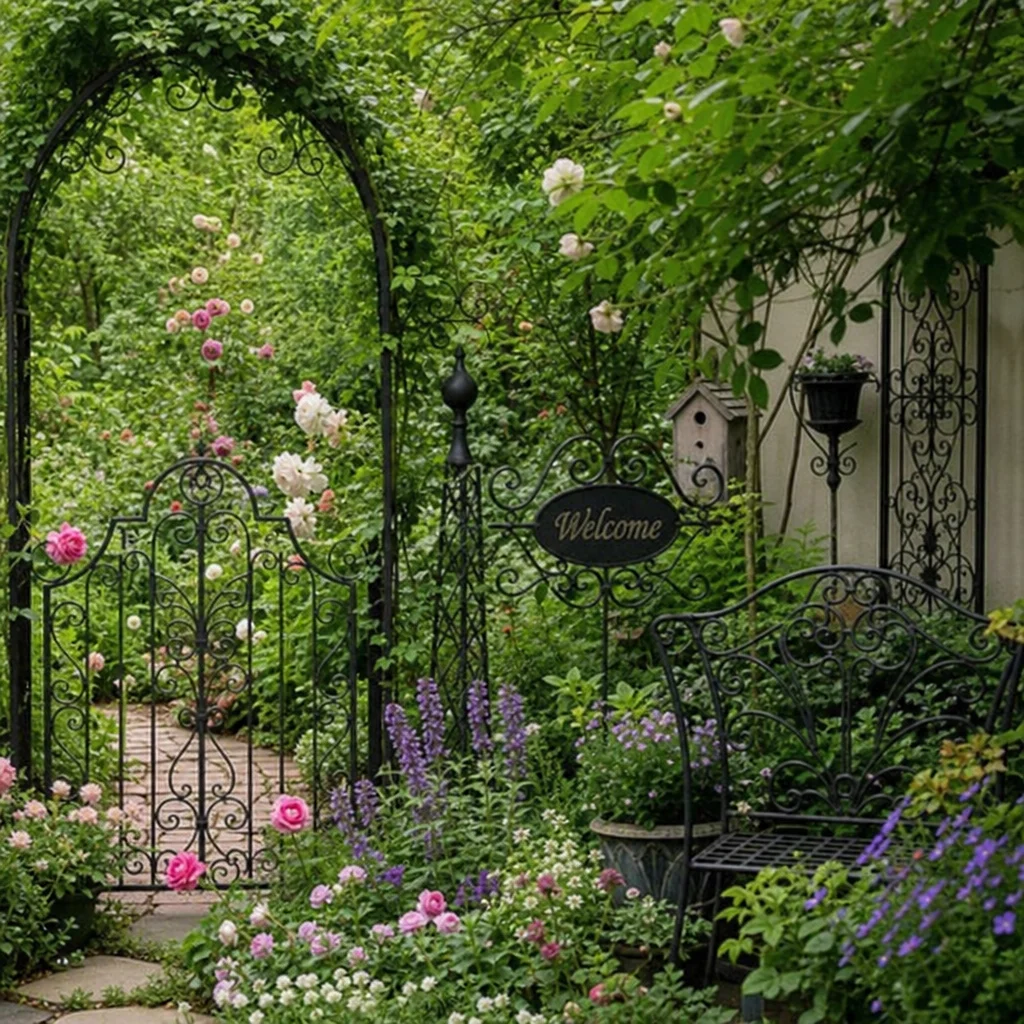 A lush green garden featuring intricate garden iron decor elements nestled among blooming flowers