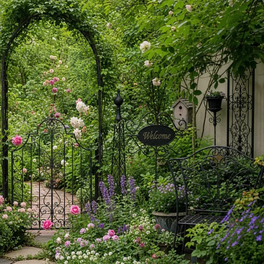 A lush green garden featuring intricate garden iron decor elements nestled among blooming flowers