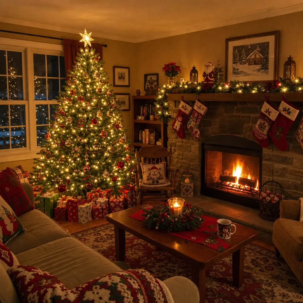 A beautifully decorated cozy living room for Christmas with a glowing tree and a warm fireplace