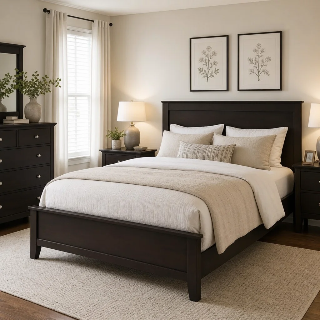 A chic, well-lit bedroom featuring a dark espresso bed frame against a light neutral wall