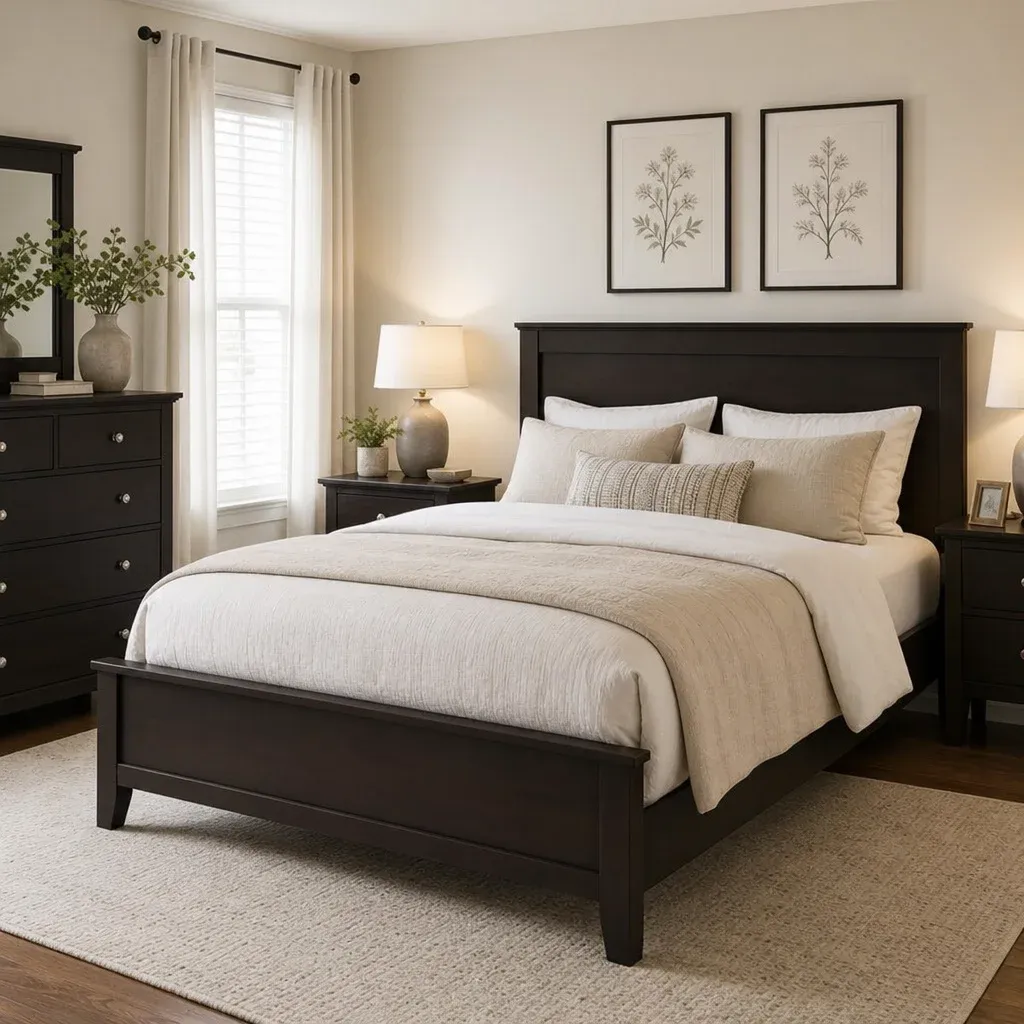 A chic, well-lit bedroom featuring a dark espresso bed frame against a light neutral wall