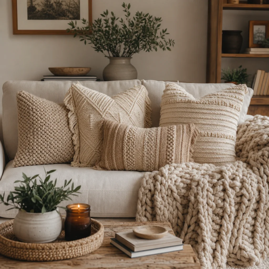 A cozy living room featuring neutral-toned handmade textured throw pillows and a chunky yarn blanket