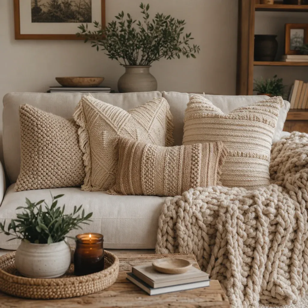 A cozy living room featuring neutral-toned handmade textured throw pillows and a chunky yarn blanket