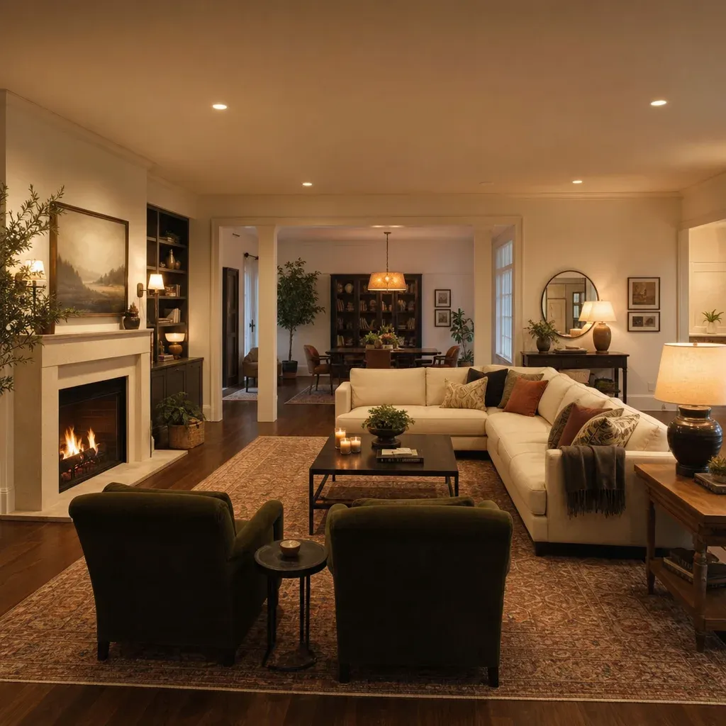 A wide shot of a beautifully styled, large living room with distinct furniture zones and warm lighting
