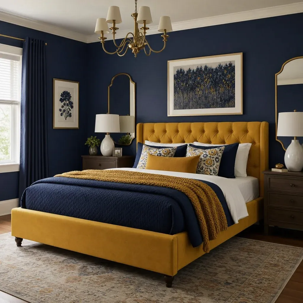 A beautifully designed bedroom featuring navy blue walls and a mustard yellow upholstered bed