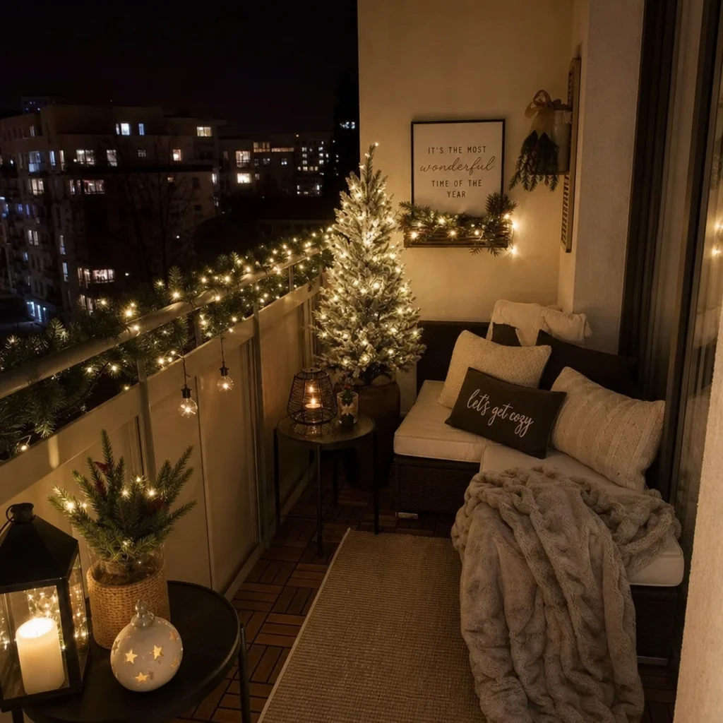 A beautifully decorated apartment balcony at night with warm Christmas lights and a small faux tree