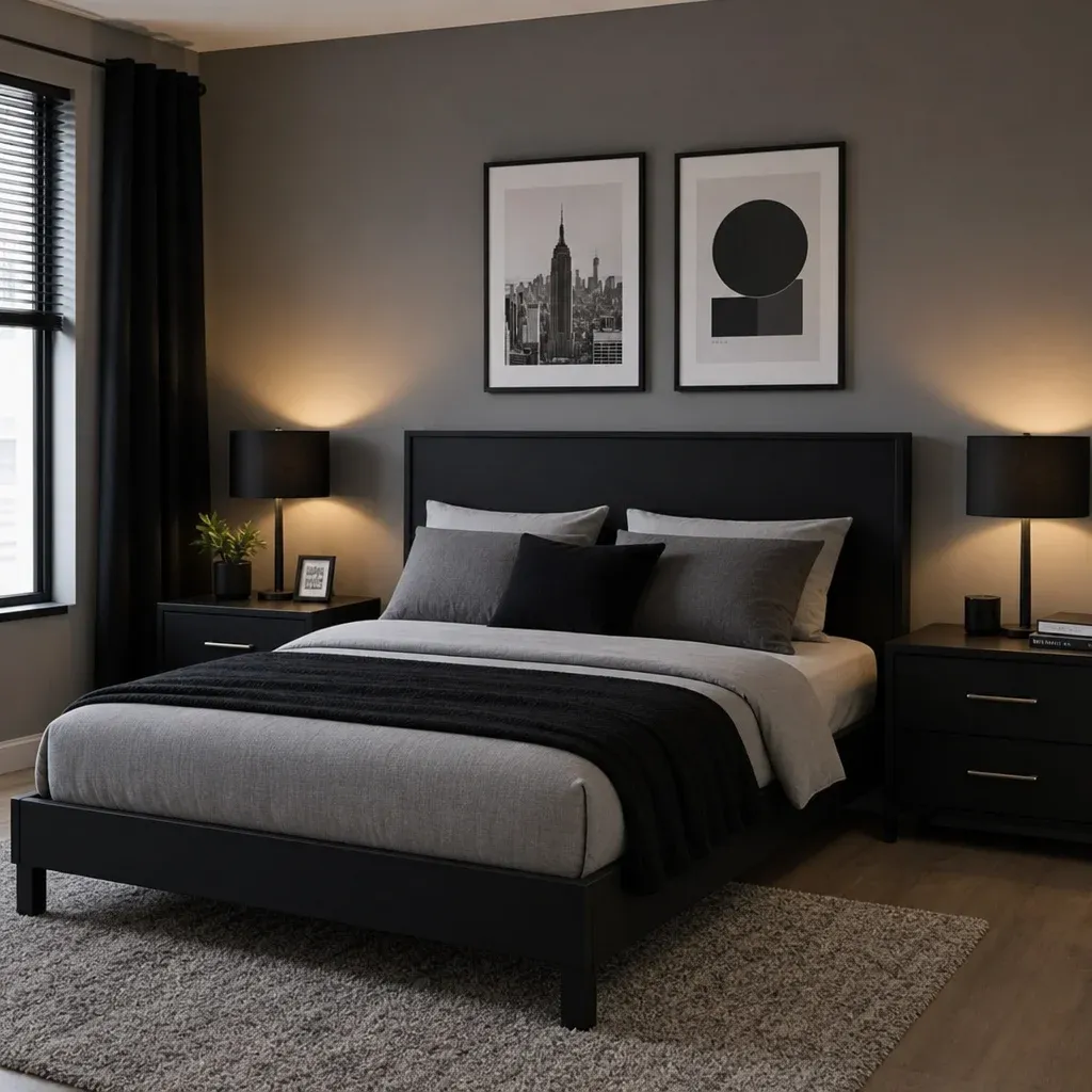 A stylish modern bedroom featuring a sleek black bed frame and matching nightstands