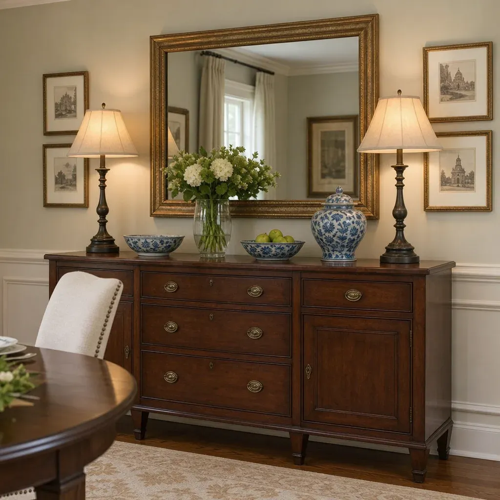 A beautifully styled dining room buffet with a mirror, lamps, and decorative bowls in English