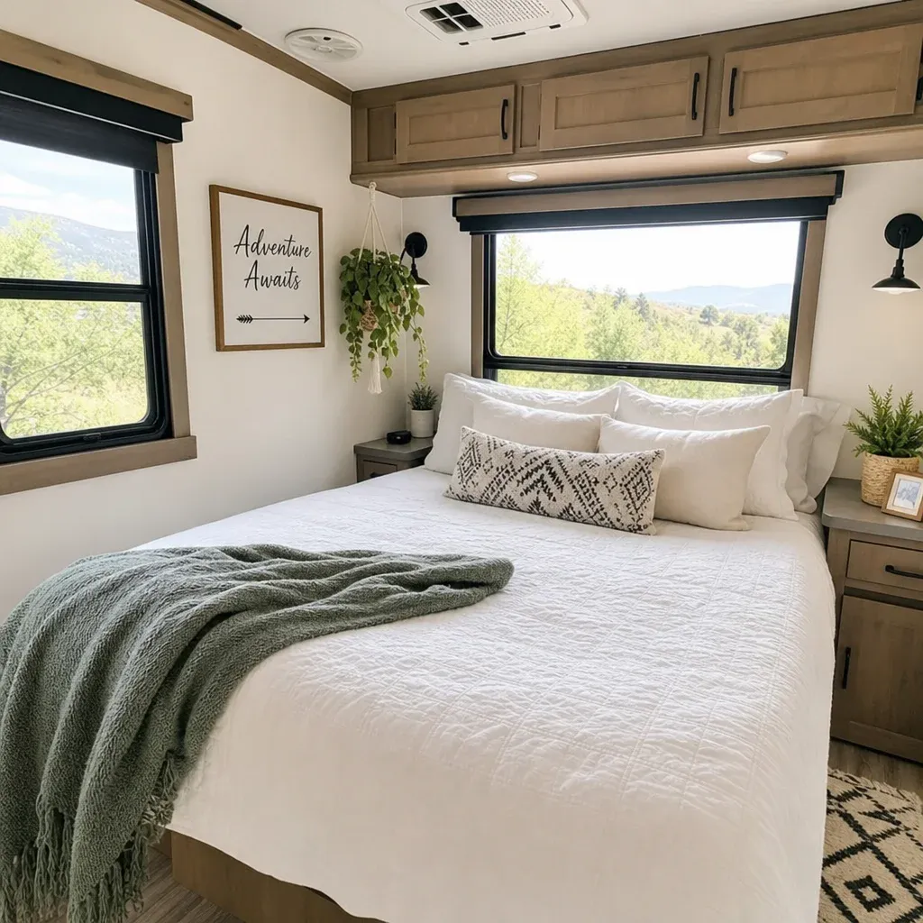 A beautifully decorated RV bedroom with bright natural light, crisp white linens, and modern decor accents