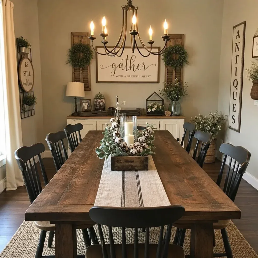 A beautifully decorated farmhouse dining room with a large wooden table and rustic wall decor