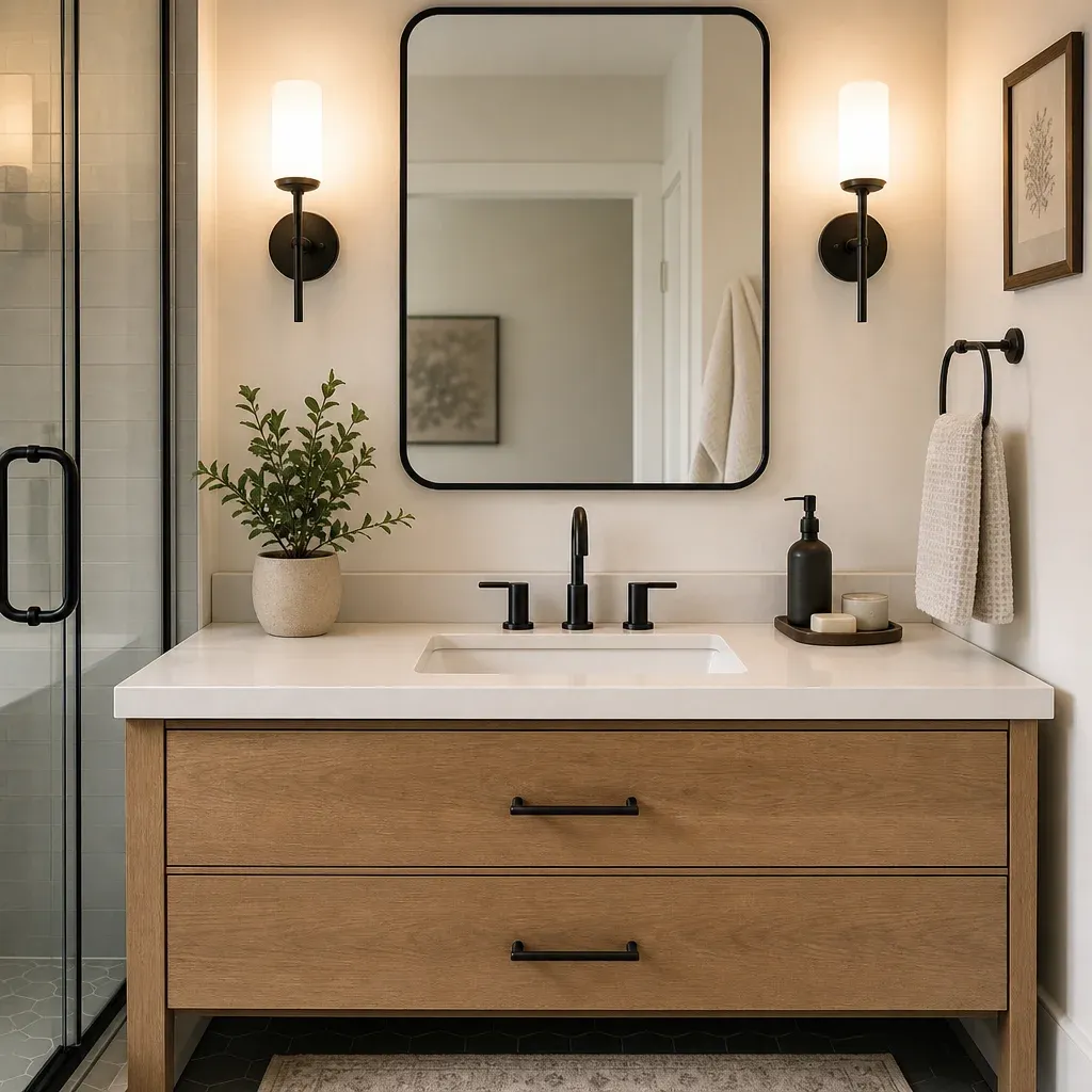 A beautifully styled bathroom vanity with modern fixtures and a small potted plant
