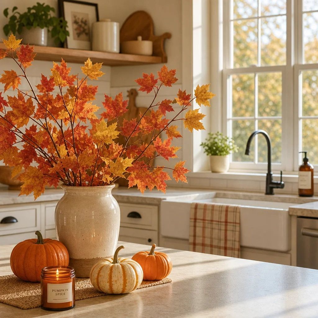 A cozy, sunlit kitchen featuring autumn leaf branches in a ceramic vase and mini pumpkins on the counter