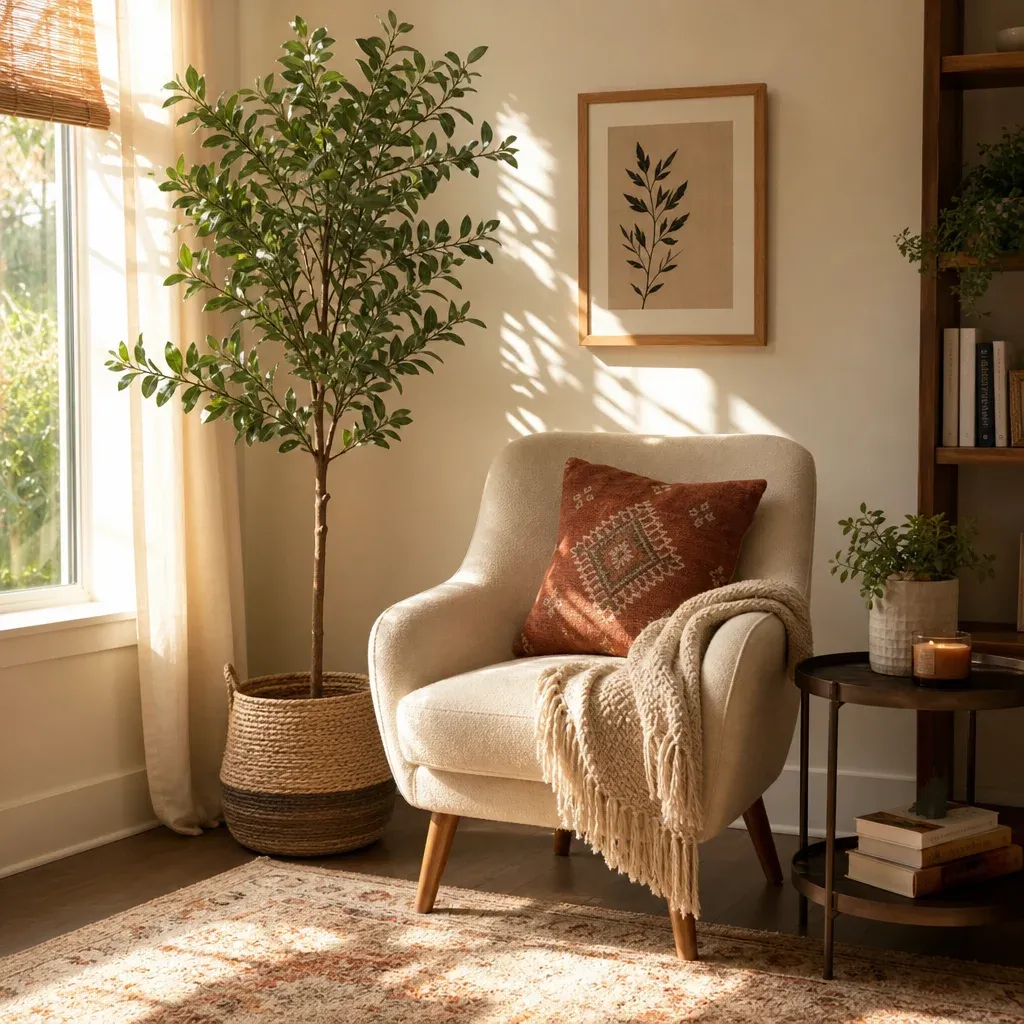 A beautifully styled living room corner featuring a cozy accent chair, a tall indoor plant, and natural sunlight filtering through the window