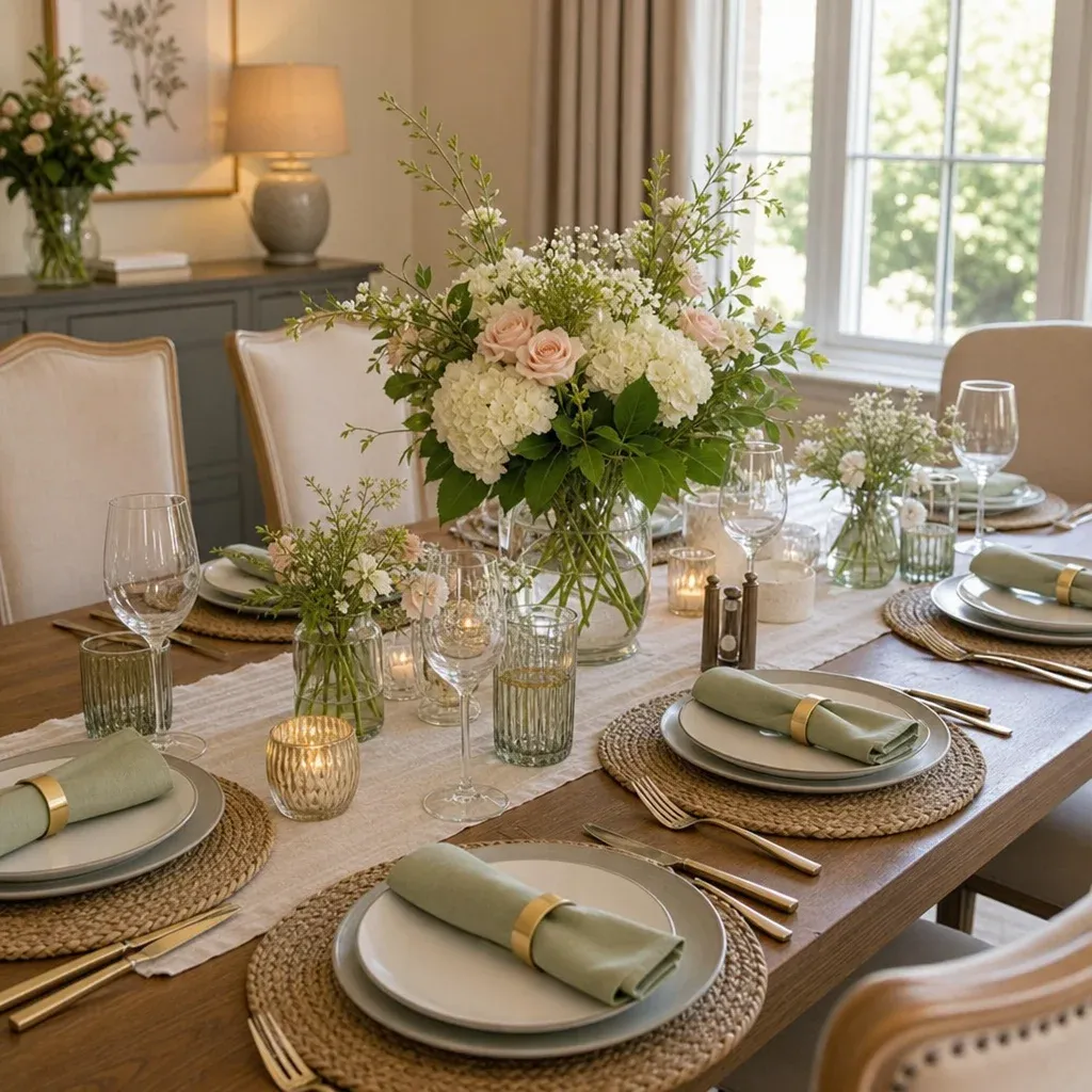 A beautifully decorated dining room table with fresh flowers, linen napkins, and modern tableware in English