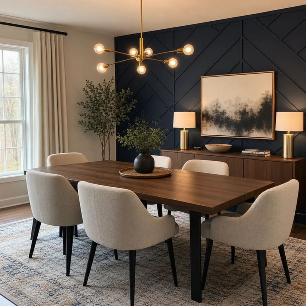 A beautifully styled modern dining room featuring a bold accent wall and elegant lighting