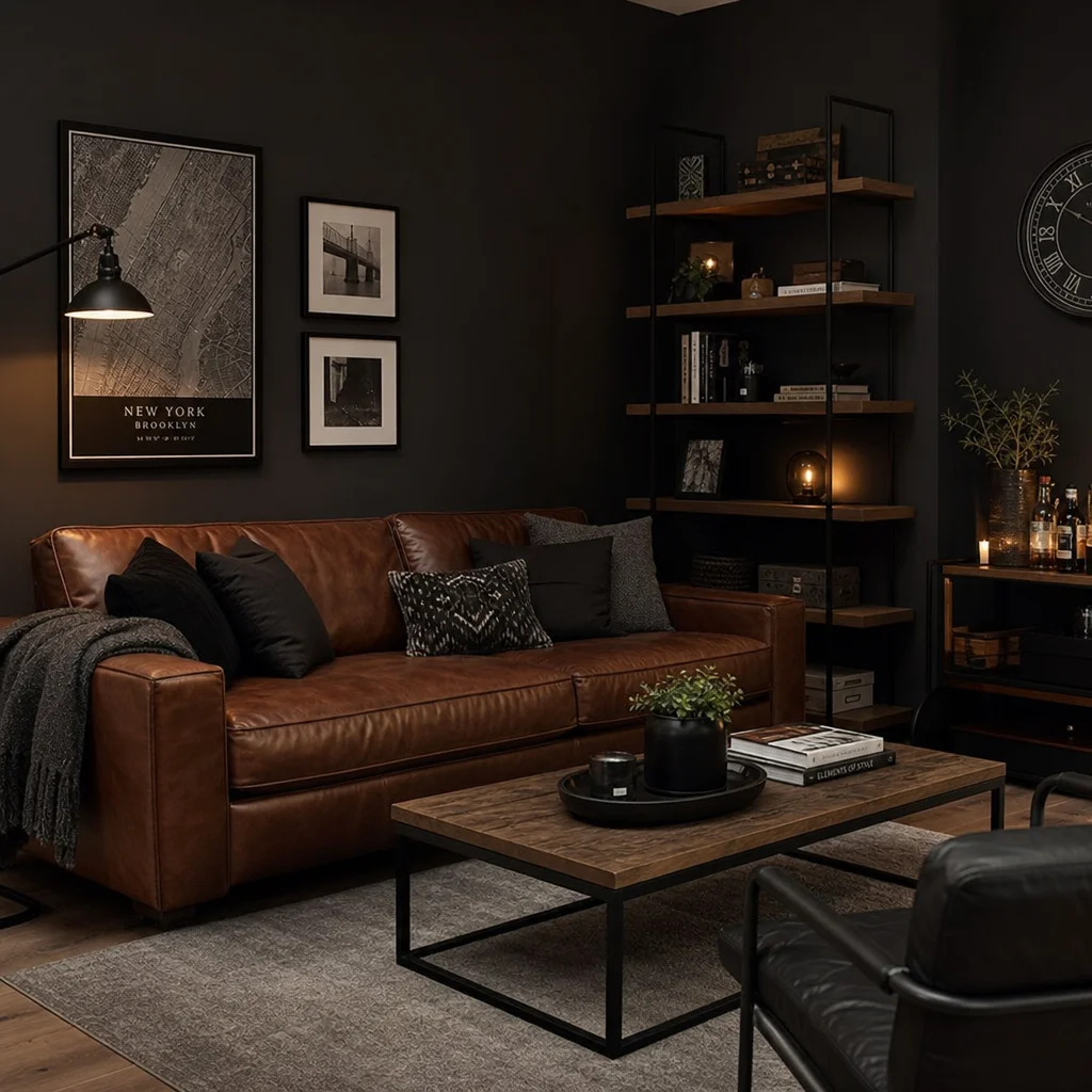 A sophisticated living room with dark walls, a leather sofa, and modern industrial accents