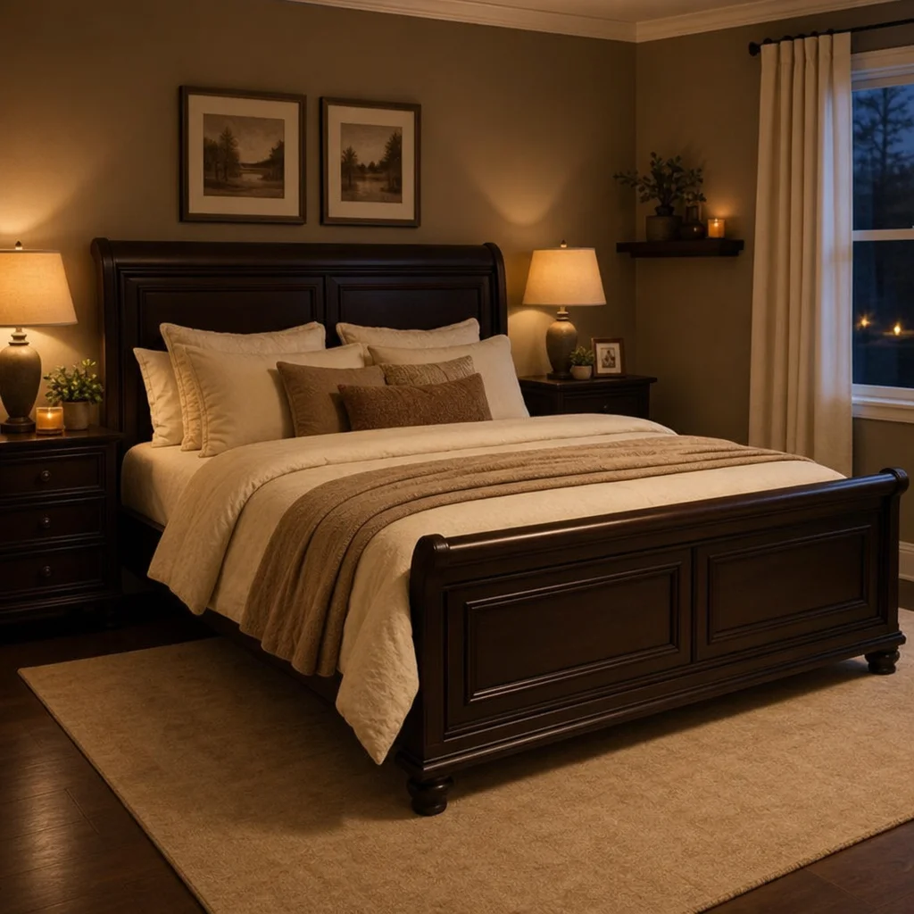 A cozy bedroom featuring a luxurious dark brown bedframe with soft cream bedding and warm ambient lighting