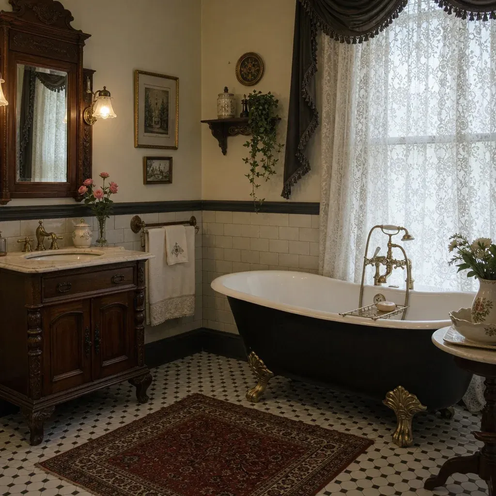 Elegant Victorian bathroom featuring a cast iron clawfoot tub and vintage decor